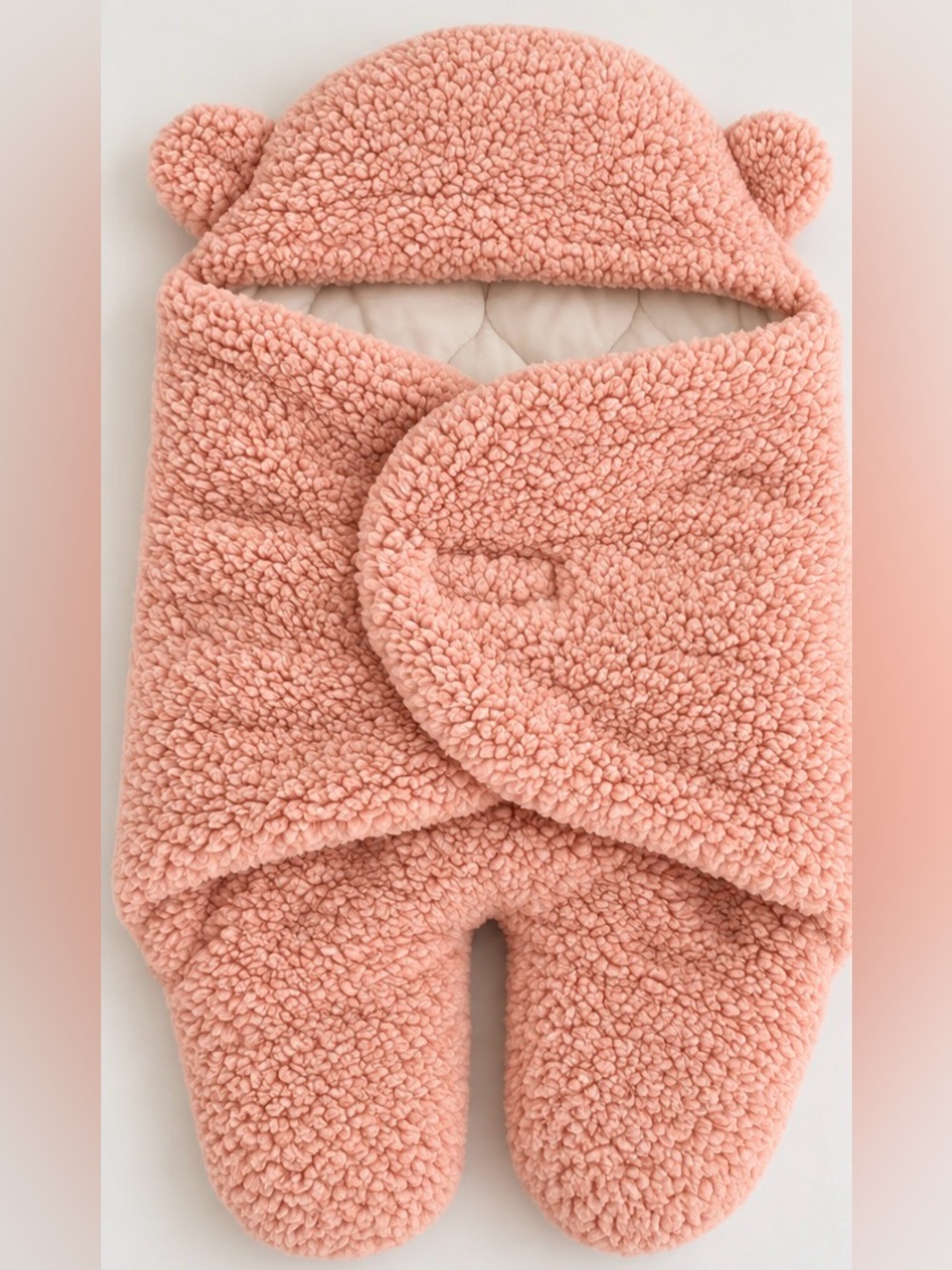Baby Girl Pink Sherpa Bunting 3M Bear Ear Hooded Swaddle Wrap Wearable Blanket